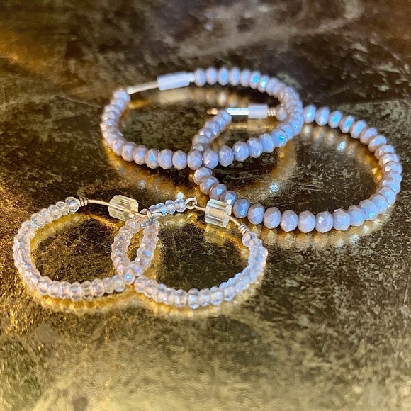 Beaded Wire Hoop Set - Greige and Crystal coordinated hoops NWOT - Picture 1 of 6